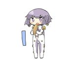  ar_tonelico ar_tonelico_iii bell blush bodysuit braid bread chibi eyebrows eyebrows_visible_through_hair food full_body hair_between_eyes holding holding_food jingle_bell open_mouth purple_eyes purple_hair serizawa_enono simple_background solo standing tilia twin_braids white_background 