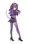  :o animal_ears bow cat_ears fujisaki_(graphic_loops) full_body gloves high_heels highres kaitou_hunter_cat long_hair looking_at_viewer official_art pantyhose purple_hair simple_background skirt solo thighhighs toys_drive white_background yellow_eyes 