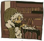  blanket book bookshelf braid brown_eyes chair closed_mouth cushion expressionless fine_art_parody izayoi_sakuya maid_headdress parody plant pot potted_plant setz sleeves_rolled_up solo touhou white_hair younger 