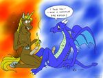  2005 anthro balls blue_body claws collaboration dialogue dragon drooling english_text equine erection fio fire hooves horn humor lilbluecolt male male/male mammal nipples penis saliva scalie small_wings surprise tears text unicorn western_dragon wings 