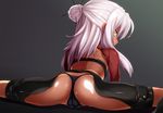  ass black_panties blush cameltoe chaps chloe_von_einzbern dark_skin fate/kaleid_liner_prisma_illya fate_(series) flexible from_behind hair_bun highres long_hair looking_at_viewer looking_back panties pink_hair shimejinameko shiny shiny_clothes shiny_hair shiny_skin sidelocks solo spread_legs underwear yellow_eyes 