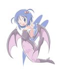  ;d animal_print bare_shoulders bat_print blue_eyes blue_hair bow cosplay demon_girl demon_wings fang flat_chest hair_bow high_heels leg_up leotard looking_at_viewer lotte_no_omocha! morrigan_aensland morrigan_aensland_(cosplay) one_eye_closed open_mouth pantyhose print_legwear purple_legwear purple_wings robojanai short_hair simple_background smile solo touhara_asuha trait_connection two_side_up v vampire_(game) white_background wings 