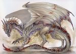  claws dragon feral grey_scales grey_skin horn isvoc membranous_wings nude scales simple_background smile solo spines standing traditional_media_(artwork) watercolor_(artwork) white_background wings 