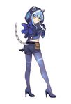  animal_ears blue blue_hair blue_legwear cat_ears cat_tail fake_animal_ears fake_tail fujisaki_(graphic_loops) full_body gloves hair_ornament hairclip high_heels highres hood kaitou_beauty_cat long_hair looking_at_viewer official_art pantyhose pumps simple_background skirt snowflake_print solo tail toys_drive white_background yellow_eyes 