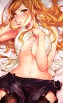  bare_shoulders blush bracelet breasts cowboy_shot eyebrows garter_straps jewelry kuon_michiyoshi large_breasts long_hair looking_at_viewer lying navel on_back original out_of_frame parted_lips sidelocks solo stomach thighhighs underboob wet wet_clothes yellow_eyes 