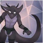  2016 abstract_background anthro armor black_fur black_horn canine claws clothing dragon elbow_pads fingerless_gloves fur furred_dragon gloves horn hybrid looking_at_viewer machina male mammal silver_eyes simple_background smile solo sovy standing underwear white_fur 