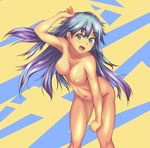  :d abstract_background aqua_eyes bad_id bad_pixiv_id blue_hair breasts collarbone cowboy_shot ewokaku_kitsune eyebrows eyebrows_visible_through_hair gradient_hair hand_on_thigh hand_up large_breasts looking_at_viewer multicolored_hair navel nude open_mouth original purple_hair shadow smile solo tan 