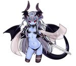  &gt;:) armor asymmetrical_horns asymmetrical_legwear bikini_armor black_sclera blue_skin breasts brown_gloves brown_legwear collarbone contrapposto cosplay cowfee cropped_legs crossover demon_girl demon_horns demon_tail demon_wings devil_(monster_girl_encyclopedia) elbow_gloves elizabeth_bathory_(brave)_(fate) elizabeth_bathory_(brave)_(fate)_(cosplay) elizabeth_bathory_(fate)_(all) fate/grand_order fate_(series) finger_to_mouth fingerless_gloves gloves hair_ribbon head_wings highres horns jewelry long_hair looking_at_viewer monster_girl_encyclopedia navel non-web_source pauldrons petite pointy_ears red_eyes ribbon silver_hair silver_trim simple_background small_breasts smile solo source_request standing swinging sword tail thighhighs two_side_up v-shaped_eyebrows vambraces very_long_hair weapon white_background wings 