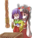  &lt;o&gt;_&lt;o&gt; aura black_hair bow box breast_grab comic commentary_request dark_aura detached_sleeves dollar_bill donation_box flower from_behind grabbing grey_eyes hair_bow hair_flower hair_ornament hair_ribbon hair_tubes hakurei_reimu heavy_breathing hieda_no_akyuu highres japanese_clothes kimono long_sleeves miko money multiple_girls nontraditional_miko peroponesosu. purple_eyes purple_hair rape_face rectangular_mouth ribbon shaded_face standing surprised sweat touhou trembling upper_body wallet white_background wide-eyed wide_sleeves 