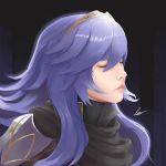  1girl bangs black_background blue_hair closed_mouth eyes_closed fire_emblem fire_emblem:_kakusei fire_emblem_heroes from_side hair_between_eyes highres jayko long_hair lucina nintendo pink_lips portrait scarf shoulder_armor signature super_smash_bros. tiara 