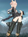  a9b_(louis814) animal_ears ass binoculars blonde_hair blue_eyes cloud day dog_ears flying from_behind gun long_hair mountain no_pants ottilie_kittel panties shirt sky solo striker_unit tail underwear weapon white_panties world_witches_series 