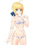  artoria_pendragon_(all) bikini blonde_hair blue_eyes blue_ribbon braid breasts cleavage cowboy_shot fate/stay_night fate_(series) hair_ribbon hips navel ribbon saber shovelwell simple_background small_breasts smile solo stomach striped striped_bikini swimsuit 