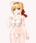  adapted_costume ahoge bare_shoulders blonde_hair braid breasts cleavage cowboy_shot fate/extra fate_(series) green_eyes hair_ribbon hips medium_breasts navel nero_claudius_(fate) nero_claudius_(fate)_(all) red_ribbon ribbon shovelwell simple_background smile solo stomach swimsuit white_swimsuit 