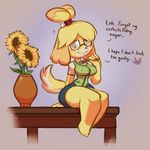  animal_crossing anthro breasts canine clothed clothing dog dress english_text eyewear female flower fur glasses isabelle_(animal_crossing) mammal nintendo plant shih_tzu solo sunflower teckworks text thick_thighs video_games wide_hips 