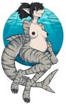  3_toes 5_fingers anthro areola black_hair blue_eyes breasts eyelashes female fin fish grey_skin grey_stripes hair marine nipples nude porin pregnant shark sitting smile striped_skin stripes teeth toes 