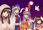  :3 animal_ears bandaged_arm bandaged_head bandaged_neck bandages bangs bare_tree bat_wings black_hair blunt_bangs brown_eyes bunny bunny_ears carrot_necklace dress fake_horns floppy_ears full_moon ghost_costume grey_eyes grey_hair halloween halo hat horns houraisan_kaguya inaba_tewi labcoat lavender_hair long_hair moon multiple_girls necktie night nurse_cap open_mouth pink_dress pink_shirt puffy_short_sleeves puffy_sleeves red_eyes red_neckwear reisen_udongein_inaba shirt short_hair short_sleeves smile stitches teruyof touhou tree vermeith very_long_hair wings yagokoro_eirin 