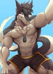  abs anthro armor belt biceps big_muscles black_fur blue_eyes claws clothed clothing discordnight fur looking_at_viewer male muscular outside pants pecs rabbity sergal sitting smile solo toe_claws topless white_fur 