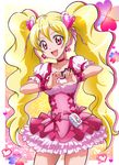  :d blonde_hair choker corset cowboy_shot cure_peach earrings fresh_precure! frills hair_ornament hanzou heart heart_earrings heart_hair_ornament heart_hands highres jewelry long_hair looking_at_viewer magical_girl meme_attire momozono_love open_mouth pink_choker pink_eyes pink_skirt precure skirt smile solo twintails virgin_killer_outfit 