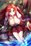  barefoot blue_eyes boudica_(fate/grand_order) breasts cleavage commentary fate/grand_order fate_(series) from_above highres large_breasts long_hair looking_at_viewer looking_up red_hair ryuuzouji_usagi shield sitting skindentation skirt smile soaking_feet solo sword thighs water weapon 