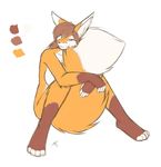  2016 anthro big_tail breasts brown_fur brown_hair canine dipstick_tail female fox fur hair looking_at_viewer mammal multicolored_tail nude orange_fur simple_background sitting smile solo starfighter tail_hug white_background white_fur 