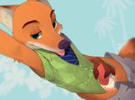  123autumn animal_genitalia animal_penis anthro armpits balls camera_view canine_penis clothed clothing disney dress_shirt erection fur green_eyes knot looking_at_viewer male nick_wilde orange_fur pants_around_knees penis selfie shirt simple_background solo standing zootopia 