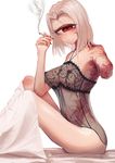  amputee breasts burn_scar chemise cigarette cyclops gino large_breasts lingerie looking_at_viewer one-eyed original red_eyes scar short_hair simple_background sitting smile smoking solo underwear white_background white_hair 