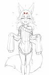  2019 animal_humanoid canid canid_humanoid canine canine_humanoid clothed clothing eyes_closed female fluffy fluffy_tail fox_humanoid happy humanoid mammal off_shoulder open_mouth oversized_clothing simple_background sketch smile solo sweater twrlare white_background 