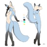  2013 anthro black_fur black_hair blue_eyes blue_fur breasts butt canine chest_tuft ear_piercing featureless_breasts female fennec fox fur hair looking_at_viewer mammal model_sheet nude piercing simple_background solo standing starfighter tuft white_background white_fur white_hair 
