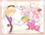  bow cake eating elbow_gloves eyes_closed ezreal fork league_of_legends luxanna_crownguard magical_girl otani_(kota12ro08) pink_hair star_guardian_lux twintails 