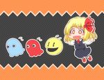  1girl akabei aosuke black_background black_skirt black_vest blonde_hair blush_stickers chasing crossover fangs flying_sweatdrops ghost hair_ribbon long_sleeves matty_(zuwzi) necktie open_mouth outstretched_arms pac-man pac-man_(game) pac-man_eyes red_eyes red_footwear red_neckwear red_ribbon ribbon rumia shoes short_hair skirt smile spread_arms touhou vest 