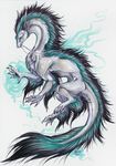  2011 ambiguous_gender black_hair blue_hair claws dragon eastern_dragon feral fur furred_dragon hair isvoc nude simple_background smile solo traditional_media_(artwork) white_background white_fur 