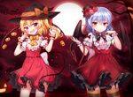  :d absurdres bad_id bad_twitter_id bat bat_wings blonde_hair blue_hair demon_tail dress fang flandre_scarlet frilled_dress frills full_moon halloween hanen_(borry) hat highres laevatein laevatein_(tail) mini_hat mini_top_hat moon multiple_girls night open_mouth papo red_eyes remilia_scarlet short_hair smile tail top_hat touhou tree v-shaped_eyebrows wings witch_hat wrist_cuffs 