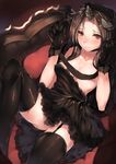  absurdres bed black_dress black_hair blush breasts cleavage demon_girl dress embarrassed garter_straps gloves highres horns hplay lace lace-trimmed_thighhighs large_breasts long_hair looking_at_viewer lying on_back original red_eyes solo succubus thighhighs thighs 