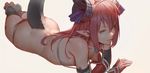  armor ass bikini bikini_armor breasts elizabeth_bathory_(brave)_(fate) elizabeth_bathory_(fate)_(all) fang fang_out fate/extra fate/grand_order fate_(series) gauntlets horns long_hair looking_at_viewer lying nipple_slip nipples on_stomach oversized_clothes pink_hair pointy_ears red_bikini silver_trim simple_background small_breasts solo swimsuit tail tiara tim_loechner 