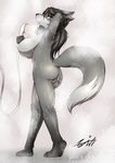  2016 anthro areola armpits bathing big_breasts black_hair black_nose blue_eyes breasts butt canine english_text female fox fur grey_fur hair hi_res huge_breasts long_hair looking_at_viewer mammal nipples nude open_mouth pink_nipples raised_arm raised_tail shower side_boob signature solo tailzkim teeth text tongue water wet 