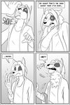  anthro canine clock-face clothed clothing comic english_text feathers fox male mammal monochrome potion solo text tongue tongue_out transformation 