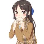  baozi black_hair blue_bow blush bow brown_eyes buttons coat eating eyebrows eyebrows_visible_through_hair food hair_bow holding holding_food idolmaster idolmaster_cinderella_girls long_hair long_sleeves looking_at_viewer plaid plaid_scarf rangen scarf simple_background solo tachibana_arisu upper_body white_background winter_clothes winter_coat winter_uniform 