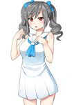  alternate_costume bare_arms bare_shoulders blue_bow blush bow breasts dress drill_hair eyebrows eyebrows_visible_through_hair grey_hair hair_bow hair_twirling idolmaster idolmaster_cinderella_girls kanzaki_ranko long_hair looking_at_viewer medium_breasts open_mouth rangen red_eyes sailor_collar sailor_dress simple_background solo twin_drills white_background 