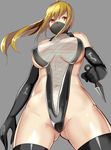  ass_visible_through_thighs black_gloves blonde_hair breasts earrings elbow_gloves fishnets from_below gloves highres hizagawa_rau jewelry kunai large_breasts long_hair mask navel ninja original ponytail red_eyes revealing_clothes solo standing weapon 