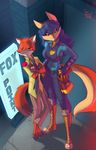  2016 anthro beauty_mark black_nose blue_hair breasts brown_fur canine carmelita_fox clothed clothing crossed_arms disney duo female fox fred_perry fur gun hair half-closed_eyes handgun male mammal necktie nick_wilde pistol police_uniform ranged_weapon red_fur shock_pistol sly_cooper_(series) smile uniform video_games weapon zootopia 