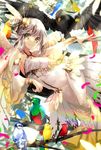 bird bracelet branch commentary detached_sleeves dress feathers grey_hair hair_ornament jewelry light_rays long_hair lying on_back original solo tika_(mika4975) white_dress yellow_eyes 