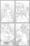  anthro blush breast_expansion breast_fondling breasts clock-face clothing comic dragon female fondling hand_on_breast monochrome overweight smile solo thick_thighs torn_clothing transformation 