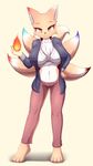 4_toes 5_fingers anthro big_breasts black_nose breasts canine chest_tuft clothed clothing digitigrade eyelashes female fox fur huge_breasts looking_at_viewer mammal midriff multi_tail navel simple_background solo standing tailzkim tan_fur toes tuft white_background wide_hips 
