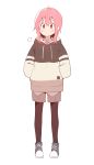  1girl absurdres black_legwear blush bural_chingu closed_mouth full_body hair_between_eyes hands_in_pockets high_tops highres hood hoodie lee_ji-eun_(bural_chingu) looking_at_viewer luke_(dydansgur) original pantyhose pink_hair red_eyes shirt short_hair sidelocks simple_background solo white_background 