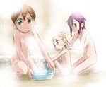  amou_ichi breasts brown_eyes brown_hair club_game_kurabu flat_chest large_breasts long_hair multiple_girls natsuno_miyuu nude purple_eyes purple_hair shampoo short_hair steam suzushiro_seri water wet yuuki_ayumu 