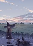  2016 absurdres bird black_footwear black_hat black_ribbon black_robe blonde_hair broom broom_ribbon cloud cloudy_sky commentary_request dated day evening field hat highres long_hair original raven_(animal) ribbon road shoes signature sky witch witch_hat zennosuke 