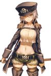  belt breasts brown_legwear cleavage collarbone commentary_request crop_top crop_top_overhang cutoffs epaulettes groin hair_between_eyes hat highres kikugetsu large_breasts long_sleeves looking_at_viewer midriff military military_uniform navel open_clothes original peaked_cap short_hair short_shorts shorts silver_hair smile solo stomach thighhighs torn_clothes torn_legwear uniform white_background yellow_eyes 