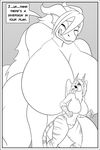  anthro avian big_breasts breasts clock-face comic dragon duo english_text female gryphon huge_breasts hyper hyper_breasts macro monochrome nude smile teeth text 