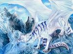  blue_eyes claws day dragon female feral fur furred_dragon hair isvoc membranous_wings nude outside sky smile solo standing striped_fur stripes traditional_media_(artwork) white_fur white_hair wings 