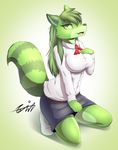 anthro breasts clothed clothing female fur gradient_background green_eyes green_fur green_hair green_theme hair kneeling long_hair mammal open_mouth raccoon simple_background skirt solo tailzkim 